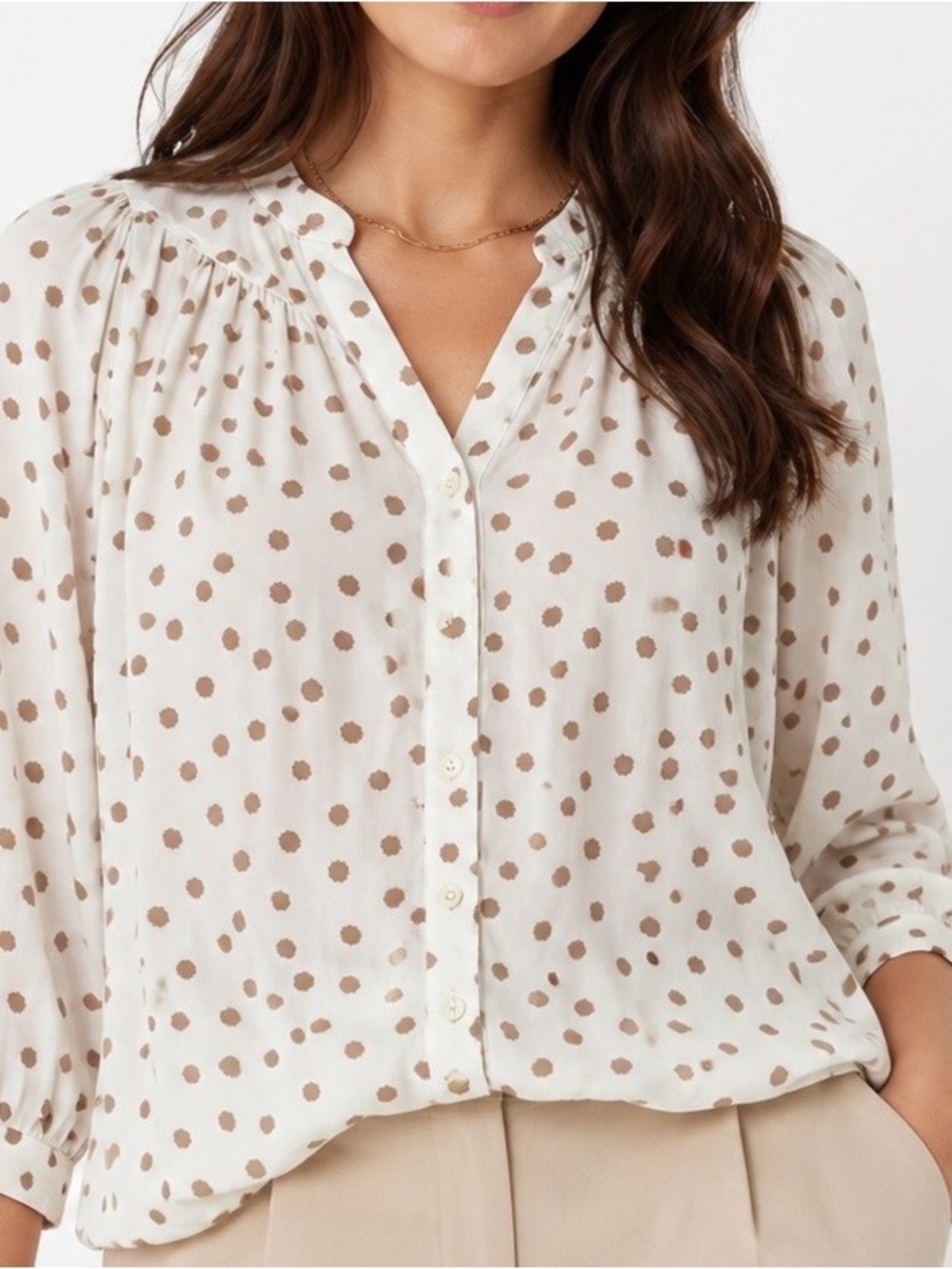 Maeve Anthropologie Polka Dot Blouse Small Ivory Brown Boho Preppy Button Up
